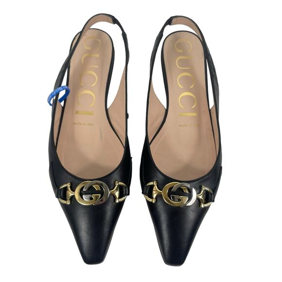Gucci Zumi GG Interlocking Logo Pointed Toe Slingback Flats Black Size 37 - Picture 1 of 12
